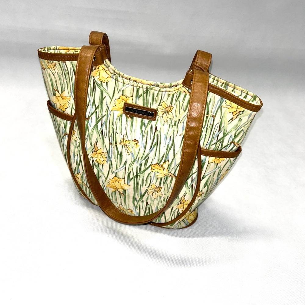 Longaberger Homestead Purse Handbag Leather Canvas with Pockets Yellow Floral‎